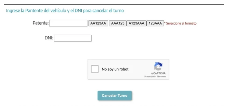 Pantalla para cancelar el turno de la VTV en Morón con patente y DNI