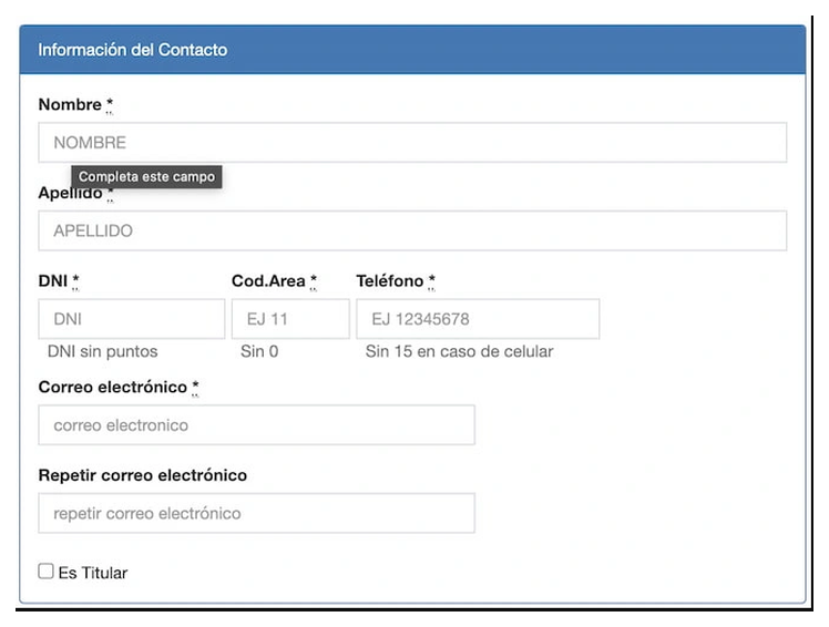 Paso 2 para sacar turno de la VTV en Morón: información del contacto